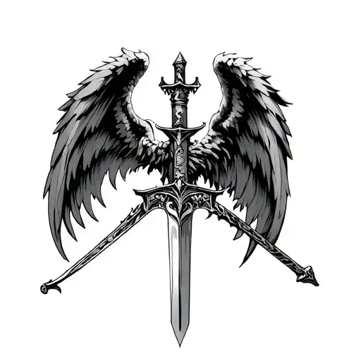 cyber sigilism angel sword castle shoulder to neck and arm tattoo design idea