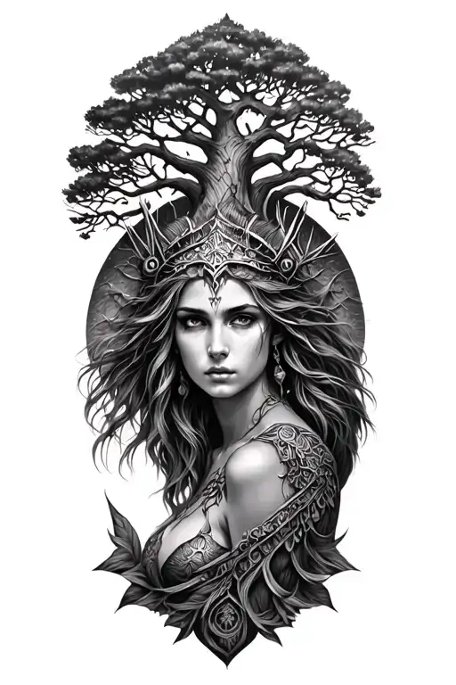 sexy freya norse goddes shape tree tattoo design idea