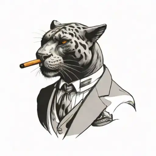 panther wearing a 3 piece suit smoking a cigar tattoo design idea