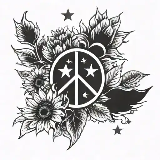 Symbol Peace with sunflowers and stars forming tattoo design idea