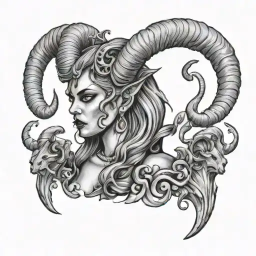 female demon with ram horns tattoo design idea