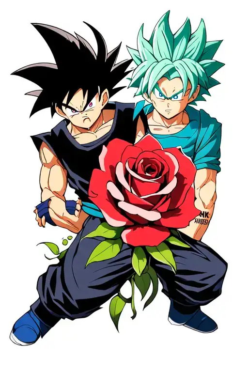 roly, trunks, goku black rose’, zamasu dragon ball z mashed up with Uta, zoro from one piece with dragon balls tattoo design idea