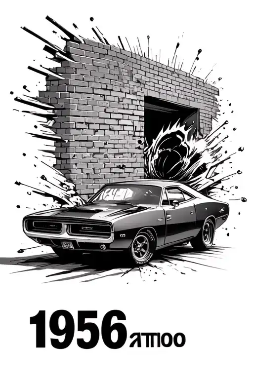 1969 dodge charger breaking through a brick wall at a side angle  tattoo design idea