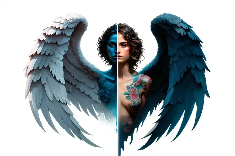 whole body half angel and half of the angel wings and a Demon wing tattoo design idea