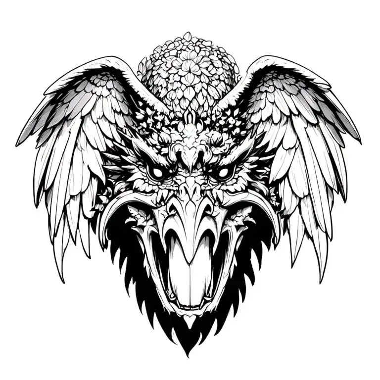 Sagrada familia architecture into a gargoyle front facing big wings tattoo design idea