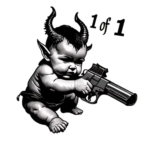 devil baby holding a gun upwards with words 1 of 1 above tattoo design idea