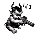 devil baby holding a gun upwards with words 1 of 1 above tattoo design idea