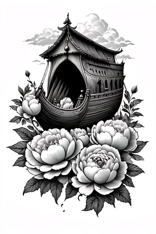 Noah's Ark surrounded by peony flowers tattoo design idea