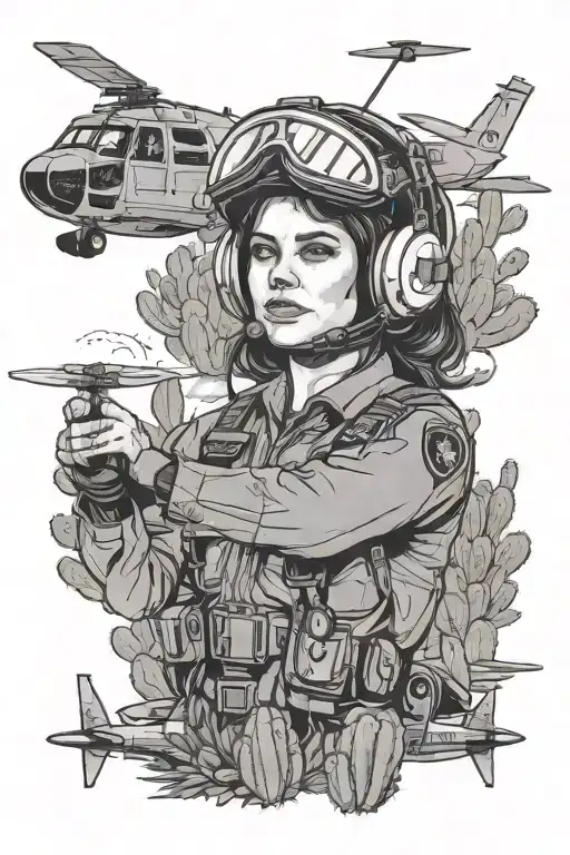 jet ranger helicopter, female pilot, Cessna in sky, cactus background, police themed tattoo design idea