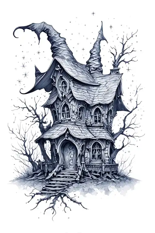 witch house with sparkles black grey tattoo realism tattoo design idea
