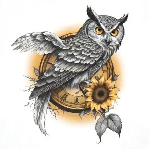 owl, scar, pain, broken clock, darkness, love betrayal, sunset, sunflower,realism beautiful and chaotic tattoo design idea