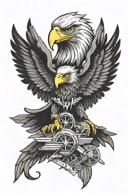 Eagle and Aircraft Fusion: Design a powerful eagle (symbol of Zeus) clutching a small aircraft in its talons, soaring hi tattoo design idea