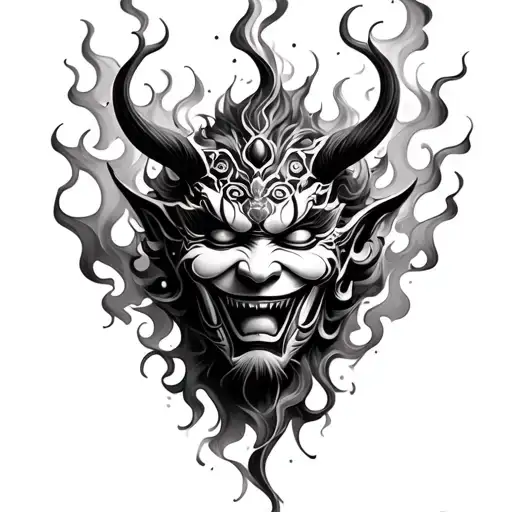 Hyper-realistic full back tattoo. A detailed Hannya mask emerging from wisps of dark smoke and realistic flames. tattoo design idea