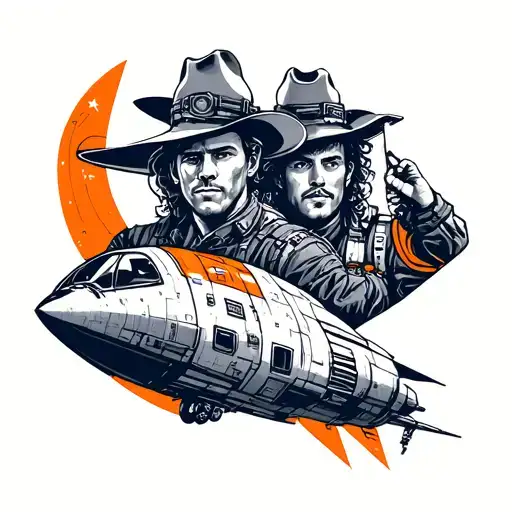 space cowboy tattoo with the portrait of the crew members in front of the spaceship, in orange and black tattoo design idea
