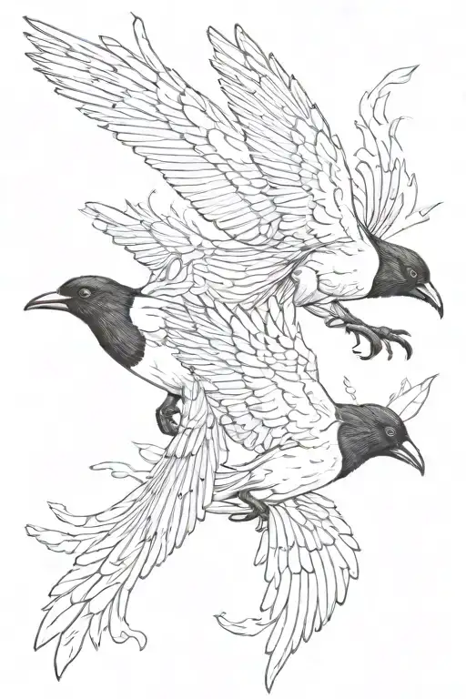 flying Australian magpies facing each other tattoo design idea
