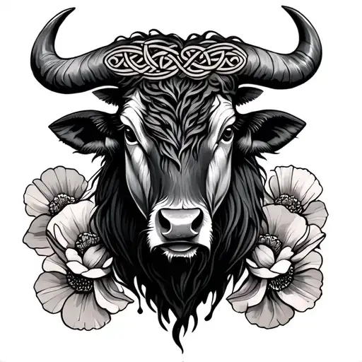 Celtic Taurus bull with poppy flower tattoo design idea