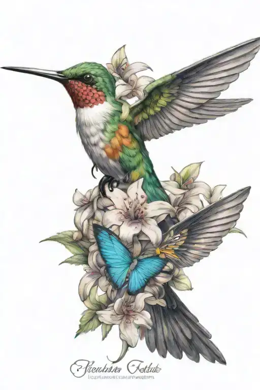 Humming bird and flowers and cross surrounded tattoo design idea