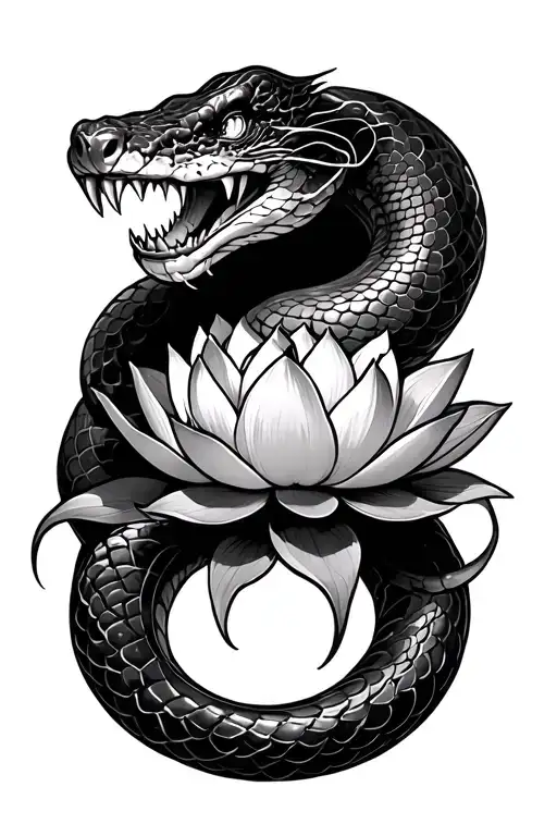 Snake with Fangs around a Lotus tattoo design idea