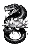 Snake with Fangs around a Lotus tattoo design idea