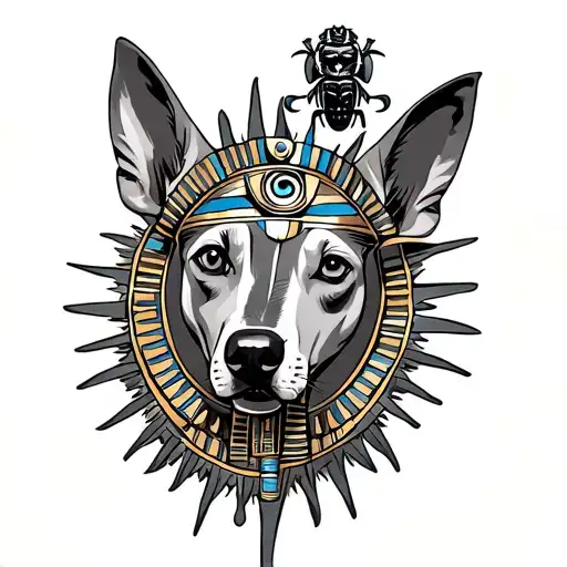 egyptian dog with the egyptian sun and the eye of horus and scarab tattoo design idea