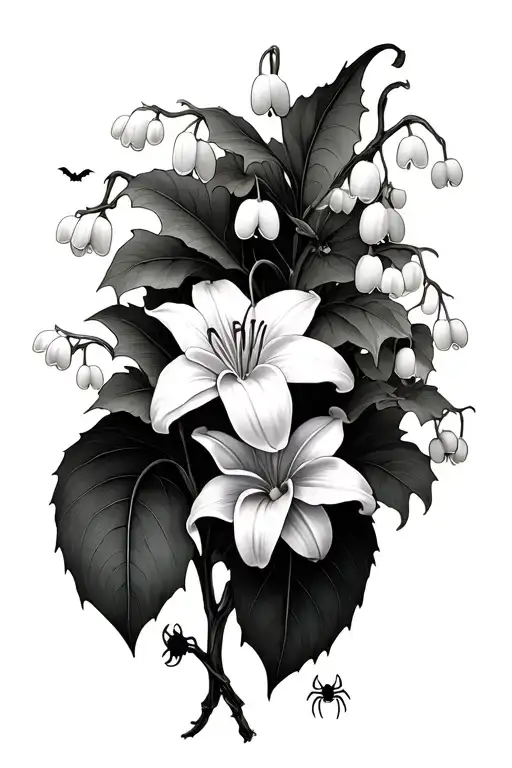 lily of the valley with vines and spiders and bats  tattoo design idea