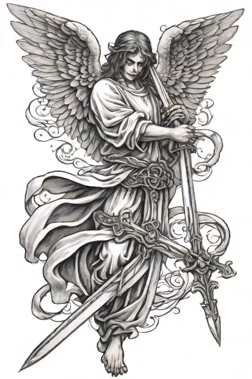 angel looking down with a sword in hands holding tattoo design idea