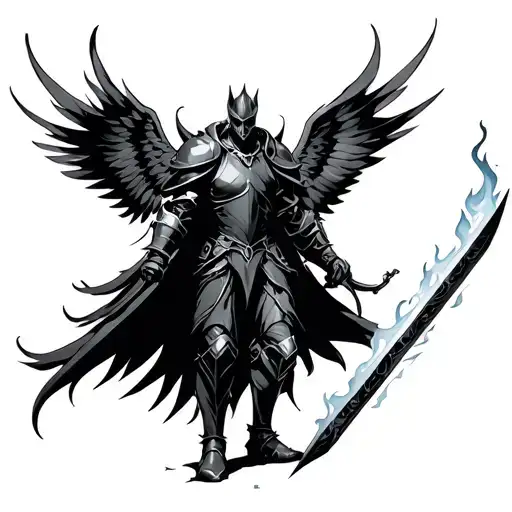 tall dark armored silhouette with four wings holding a flaming sword  tattoo design idea