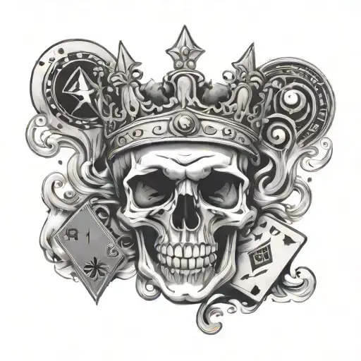 skull with a crown with playing cards and dice rolling with smoke  tattoo design idea