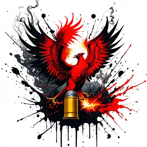 a fired shotgun shell with a phoenix rising from the smoke tattoo design idea