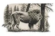 lion in a forest landscape tattoo design idea
