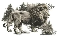 lion in a forest landscape tattoo design idea
