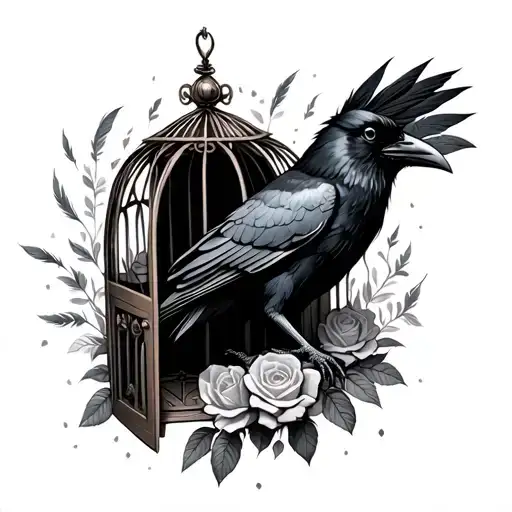 raven sitting inside a rose cage with the door open and feathers falling down tattoo design idea
