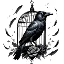 raven sitting inside a rose cage with the door open and feathers falling down tattoo design idea