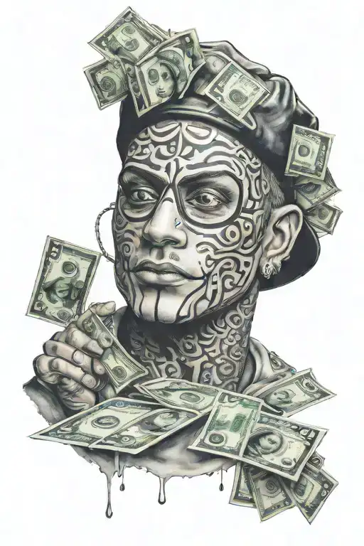 a man with full face mask  and money around and drugs  tattoo design idea