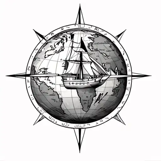 worl map with compass plane and portugues boat sailing tattoo design idea