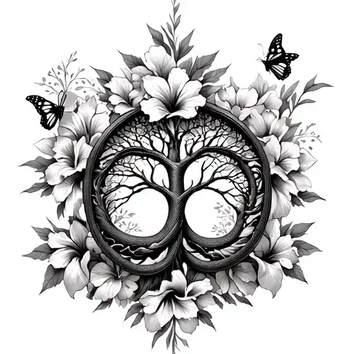 A futuristic interpretation of the Tree of Life intertwined with a monarch butterfly and snake, surrounded by hibiscus flowers tattoo design idea