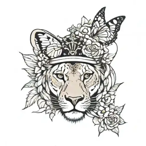 lioness butterfly crown surrounded tattoo design idea