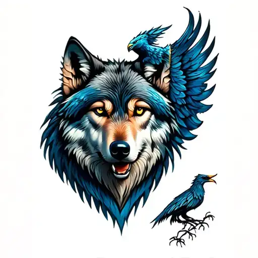 a wolf head and a phoenix with a back forest tattoo design idea