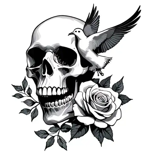 skull hand with a rose and a dove  tattoo design idea