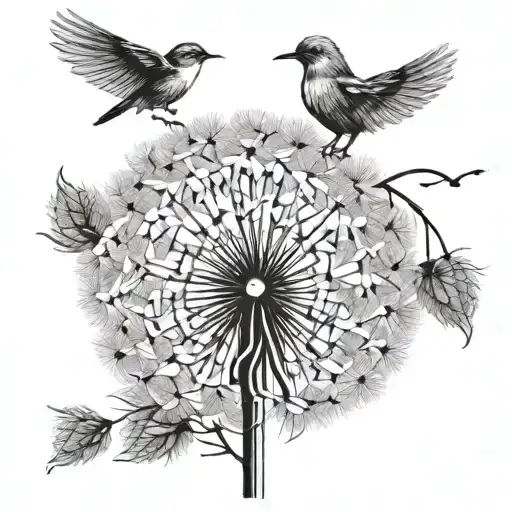 white dandelion with its seeds turning into small birds tattoo design idea