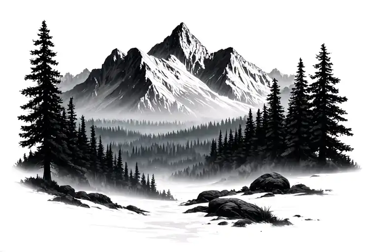 realistic forest and mountaioms tattoo design idea