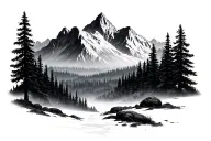 realistic forest and mountaioms tattoo design idea