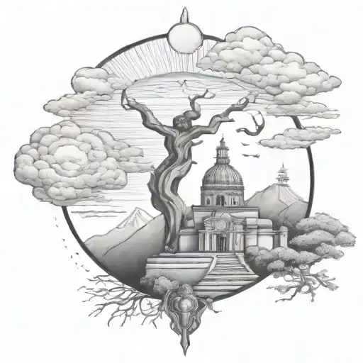 the church of cholula and popocatepetl at the back tattoo design idea