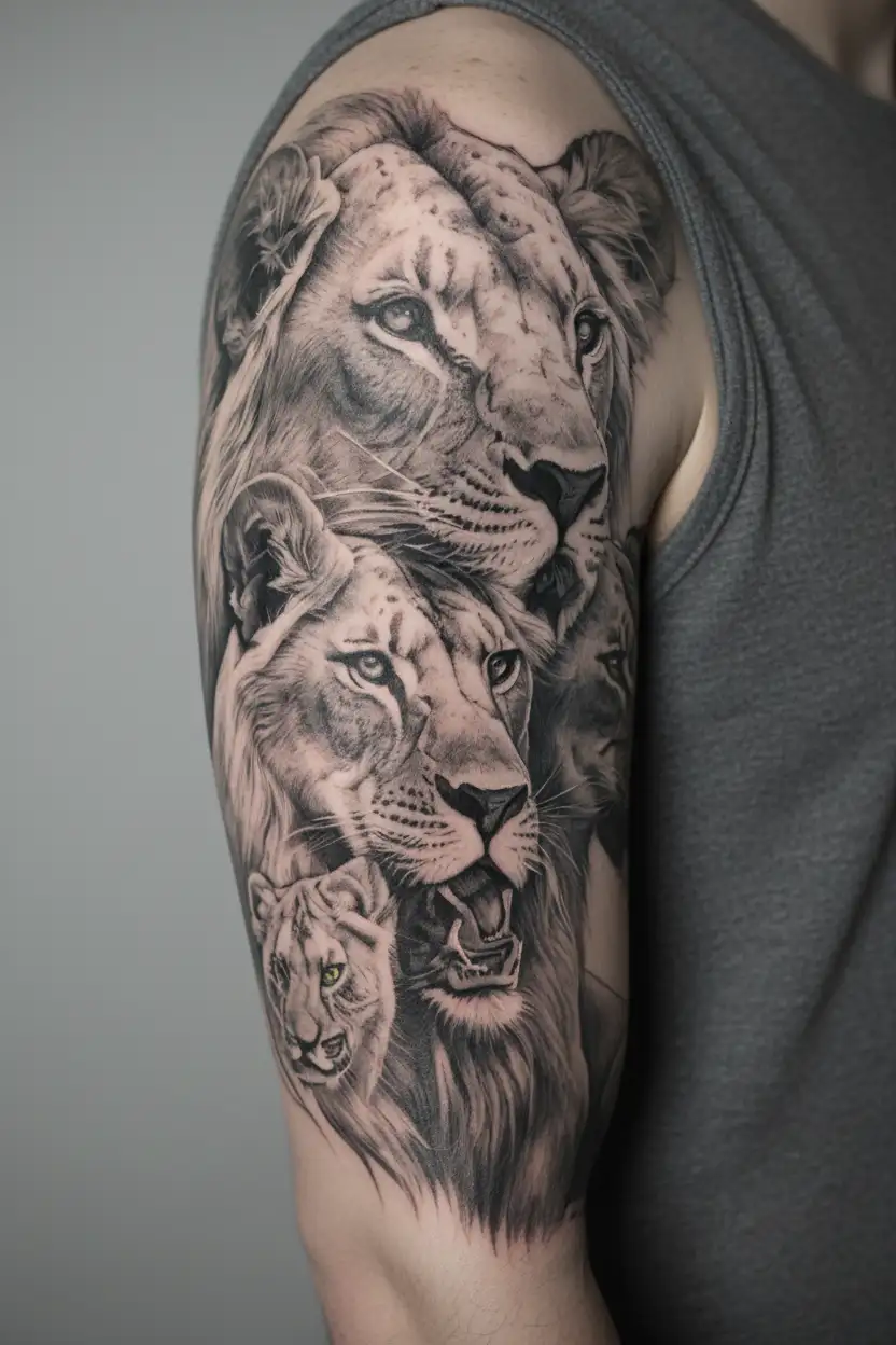 lion, lioness, 4 cubs face only tattoo design idea