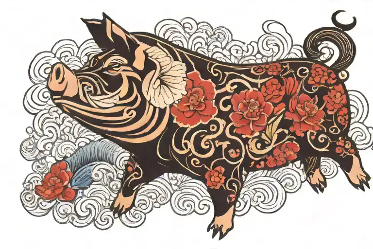 lao asian pig and kopi fish surrounded tattoo design idea
