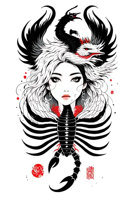 sillouette of a woman’s face serene and powerful. A scorpion covering her chest reincarnate phoenix and dragon  tattoo design idea