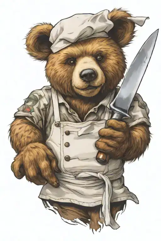 a sarcastic teddy bear who is a professional chef holding a chef knife  tattoo design idea