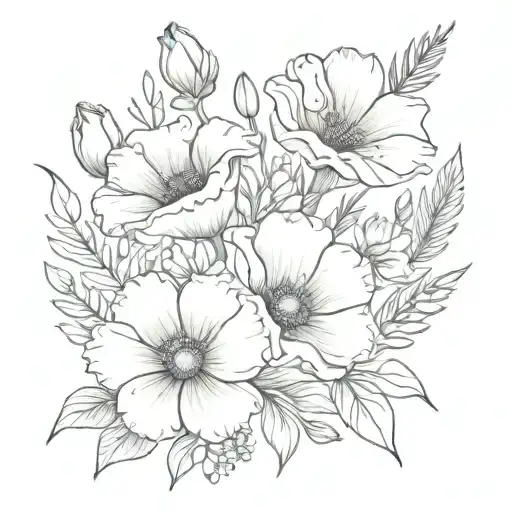bouquet with poppy’s, gladiolus, marigold, cosmos, violet, iris, peony, and chrysanthemum flowers tattoo design idea