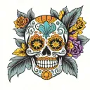 sugar skull of mexico with color skyblue purple and orange and yellow tattoo design idea