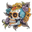 sugar skull of mexico with color skyblue purple and orange and yellow tattoo design idea